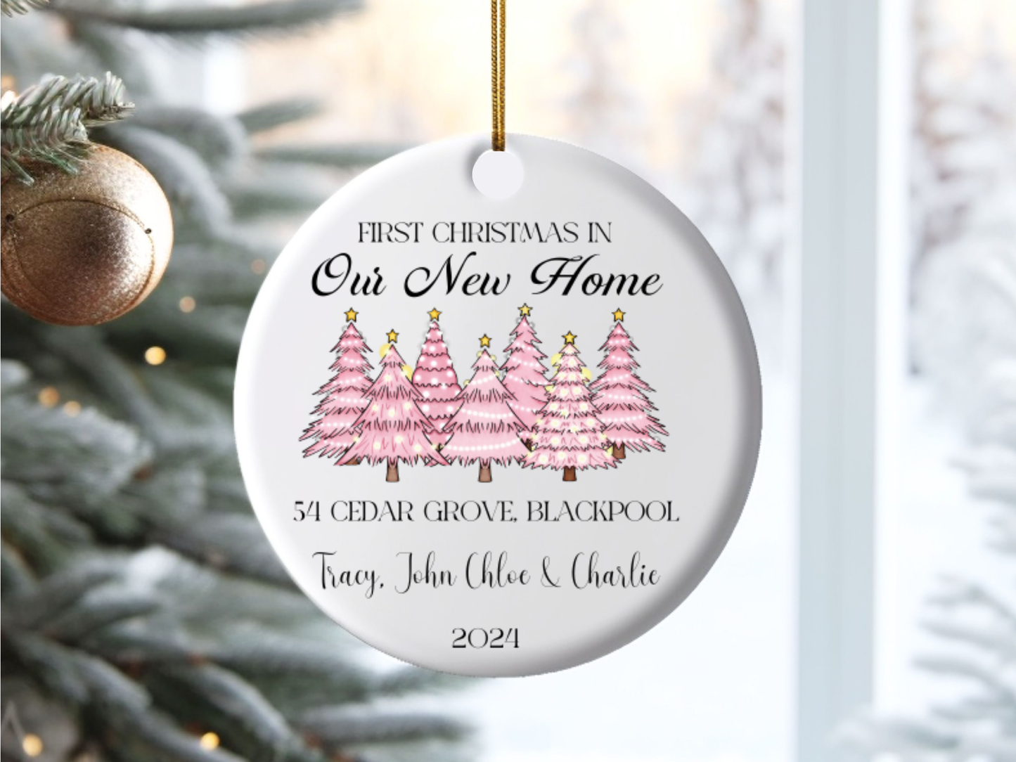 Personalized “First Christmas In Our New Home” Pink Christmas Tree Porcelain Ornament, Customized New House Bauble, Our First Home Keepsake