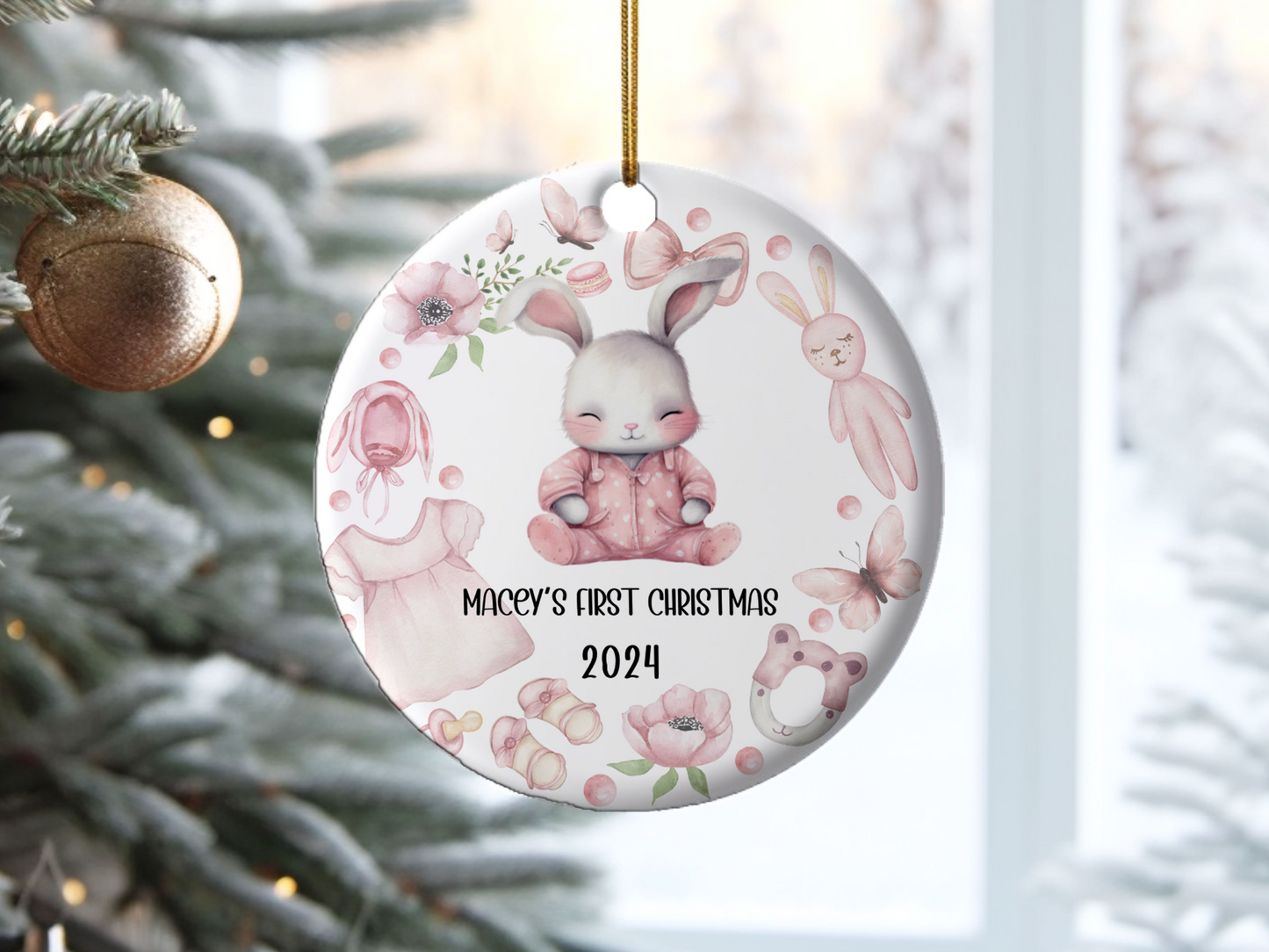 Personalized, Customized Baby’s First Christmas Porcelain Pink Bunny Ornament, Baby’s 1st Christmas Bauble, Baby’s Christmas Keepsake