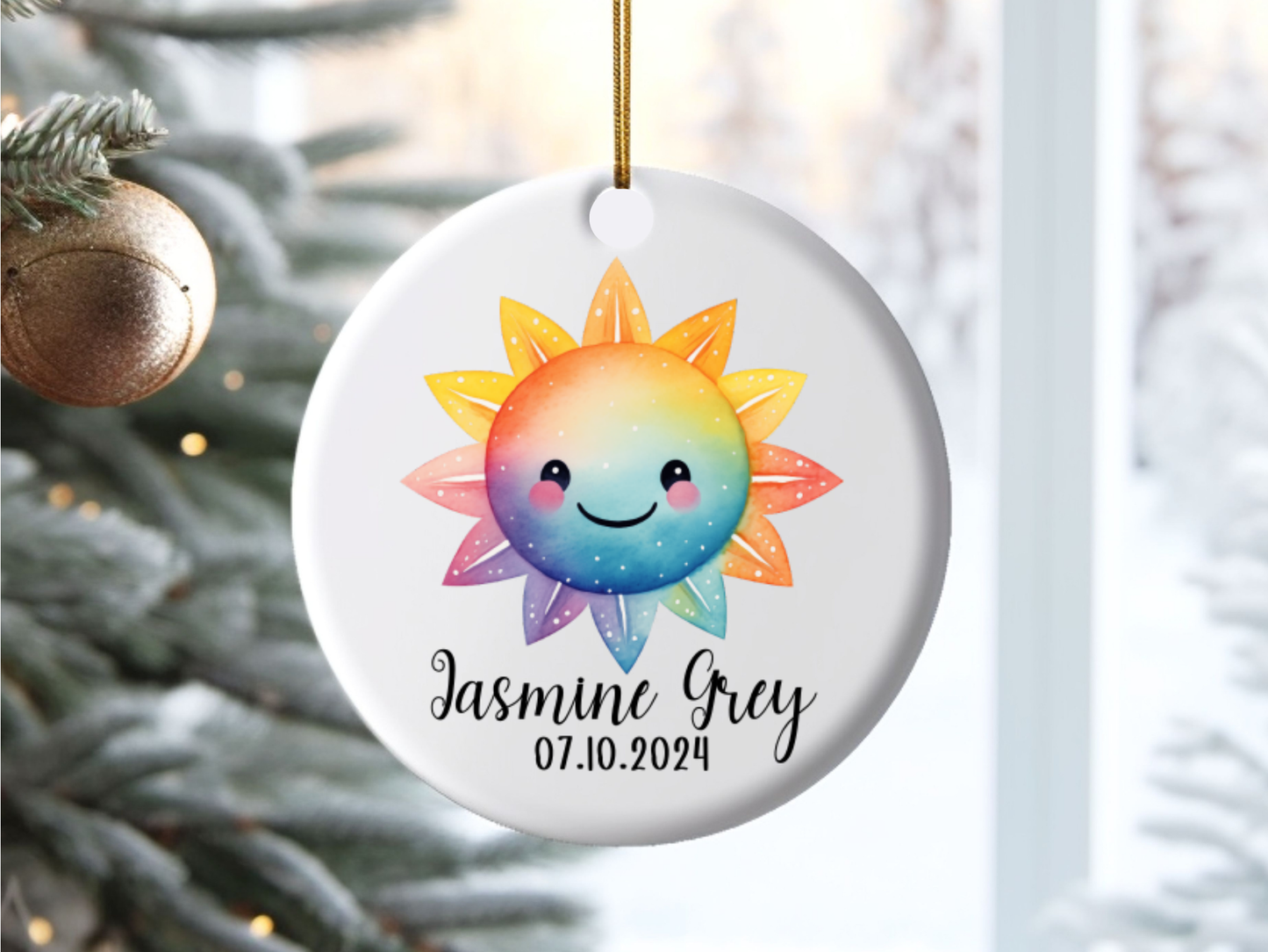 Personalized Newborn Baby Girl And Boy Sun Porcelain Keepsake Bauble, Baby Girl And Boy First Christmas Colorful Sun Ornament