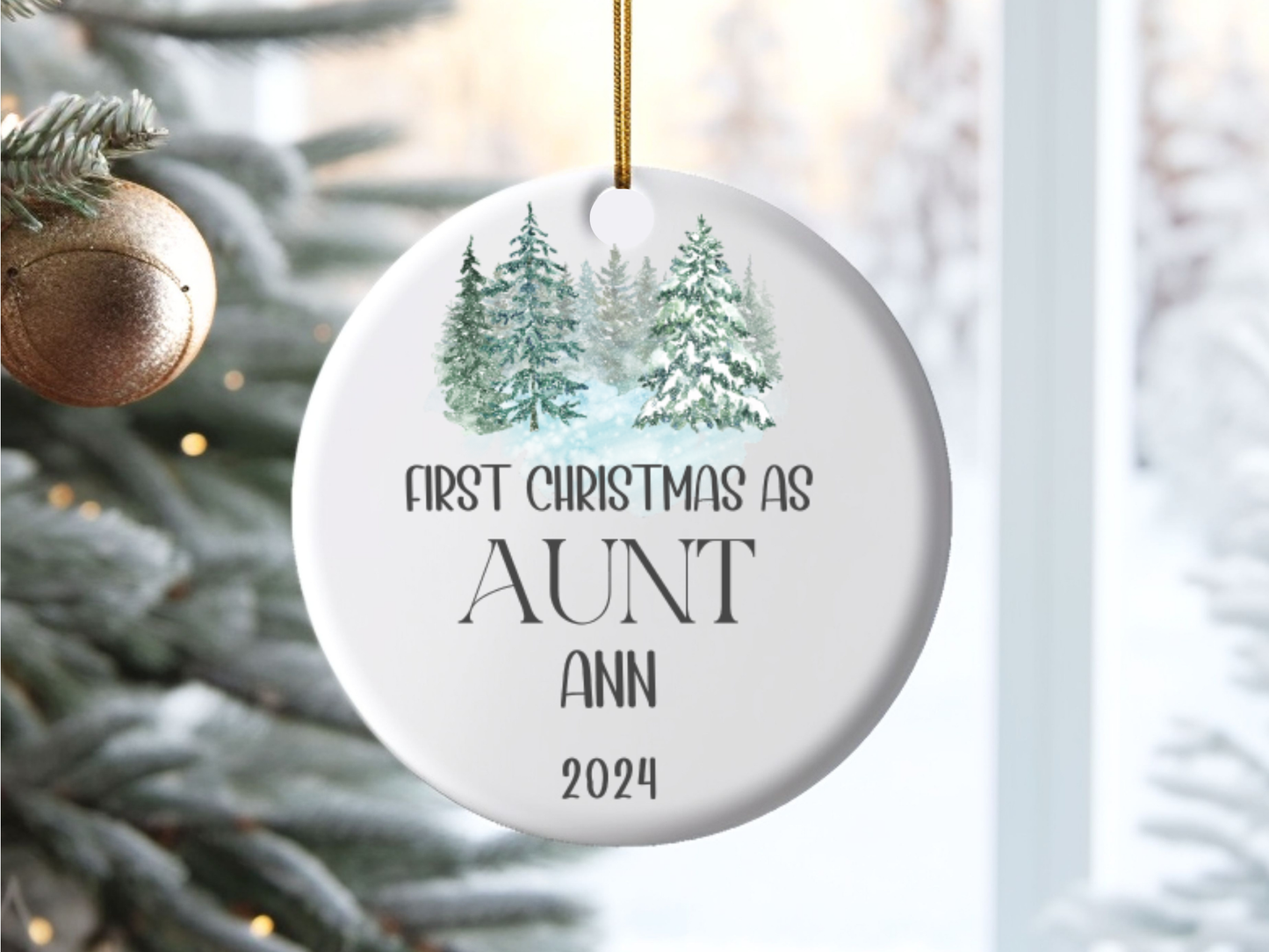 Personalized "First Christmas As Aunt" Christmas Tree Porcelain Ornament, 1st Xmas Bauble Decoration for Aunt