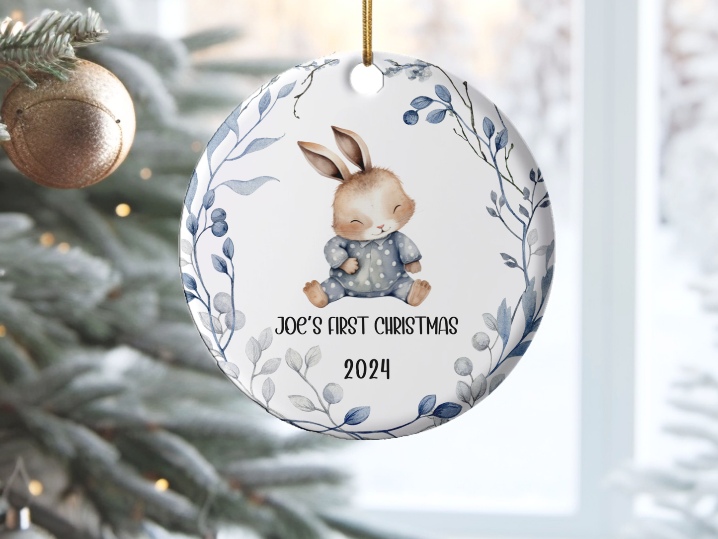 Personalized, Customized Baby’s First Christmas Porcelain Grey Bunny Ornament, Baby’s 1st Christmas Bauble, Baby’s Christmas Keepsake