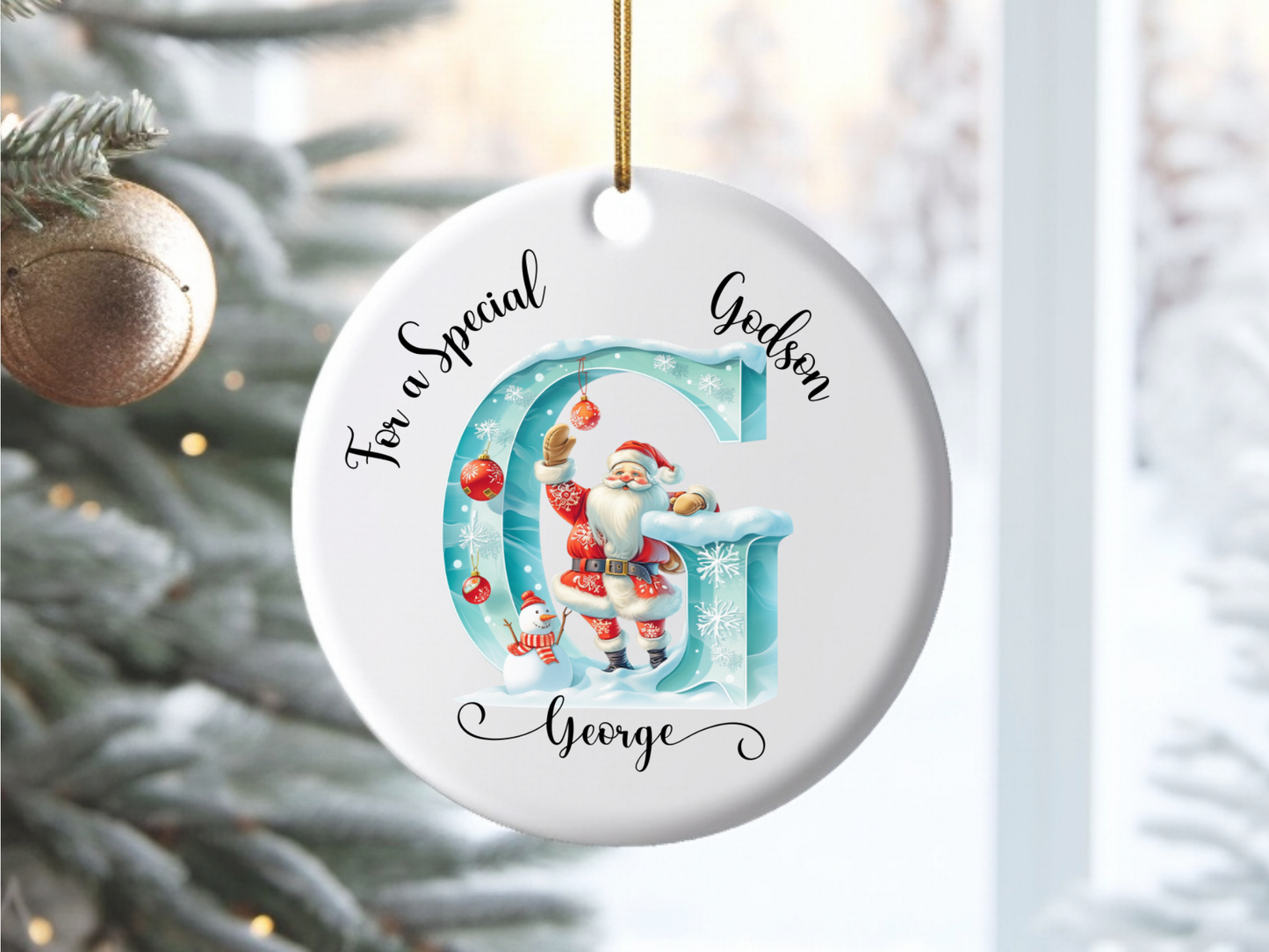 Personalized Christmas Ice Alphabet Godson Christmas Tree Porcelain Ornament, For A Special Godson Bauble, Christmas Keepsake