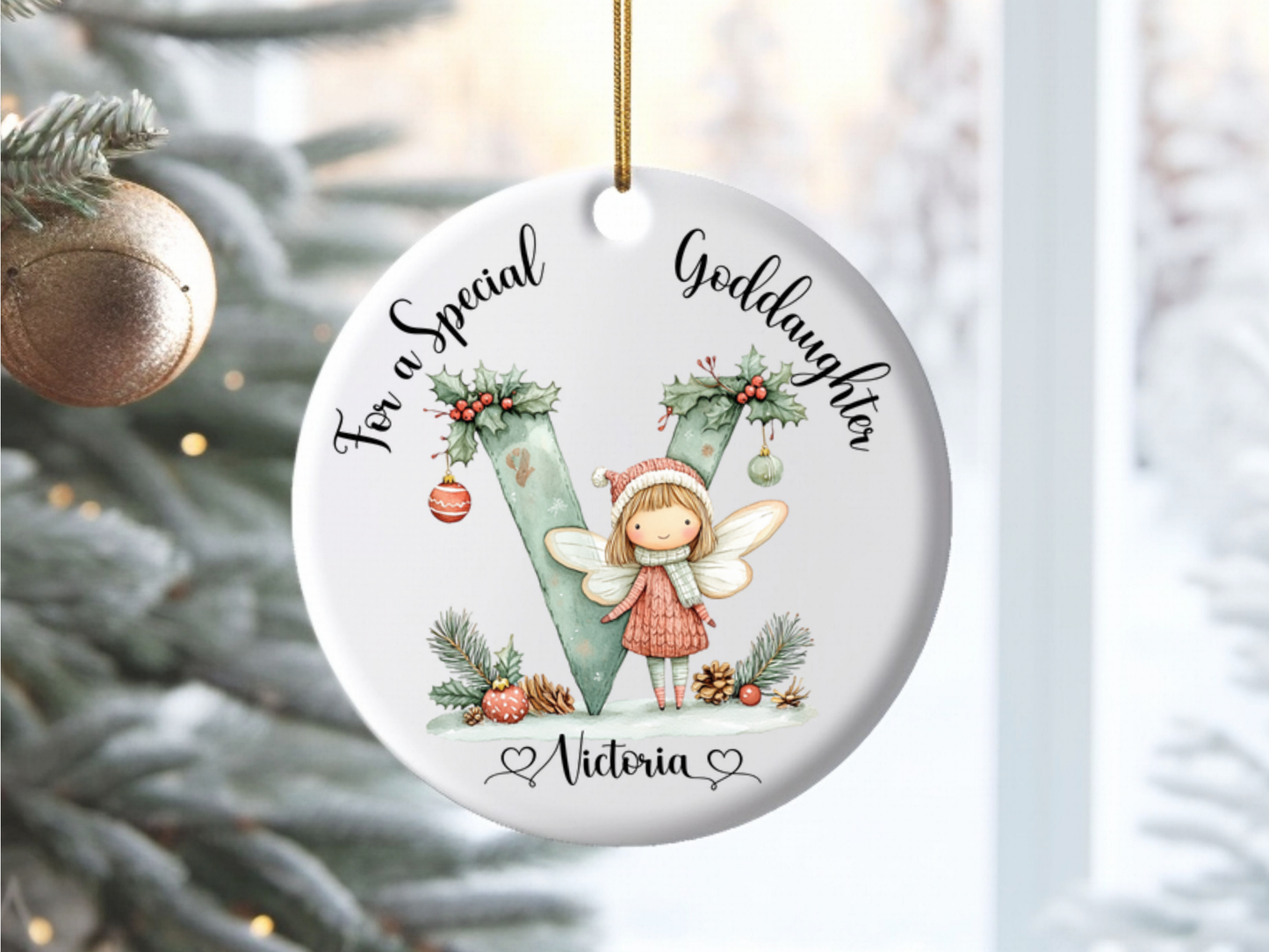 Personalized Christmas Fairy Alphabet Goddaughter Christmas Tree Porcelain Ornament, For A Special Goddaughter Bauble, Christmas Keepsake