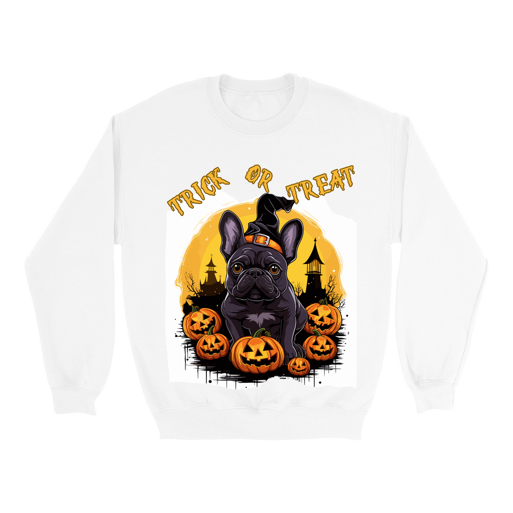 Explore our bewitching collection of Halloween sweatshirts, showcasing the mysterious allure of a French bull dog on the front.