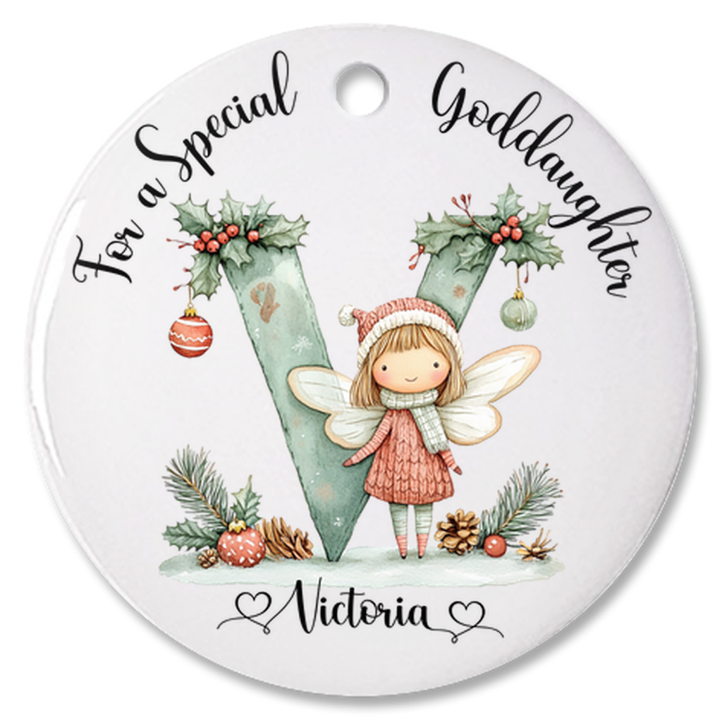 Personalized Christmas Fairy Alphabet Goddaughter Christmas Tree Porcelain Ornament, For A Special Goddaughter Bauble, Christmas Keepsake