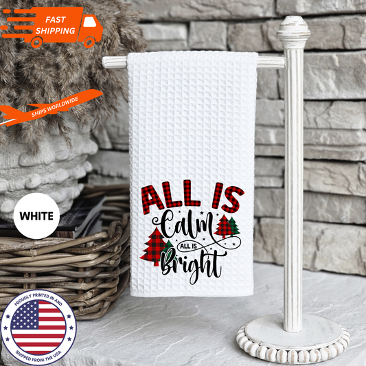 Beautiful Christmas-Themed "All Is Calm, All Is Bright" Waffle Kitchen Tea Towel, Cute Waffle-weave Dish Towel Cute Stocking Filler