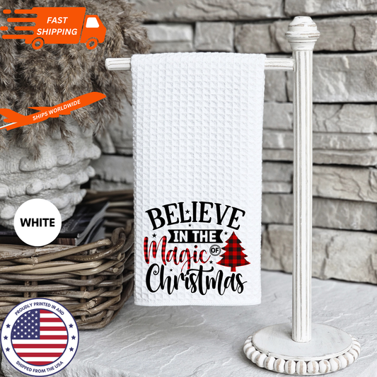 Beautiful Christmas-Themed "Believe In The Magic Of Christmas" Waffle Kitchen Tea Towel, Cute Waffle Dish Towel Cute Stocking Filler