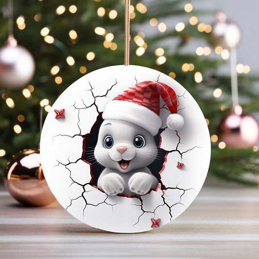 Radiant 3D Animal Breakthrough Porcelain Christmas Bunny Ornament:  Elegance in Every Detail for Your Holiday Joy!