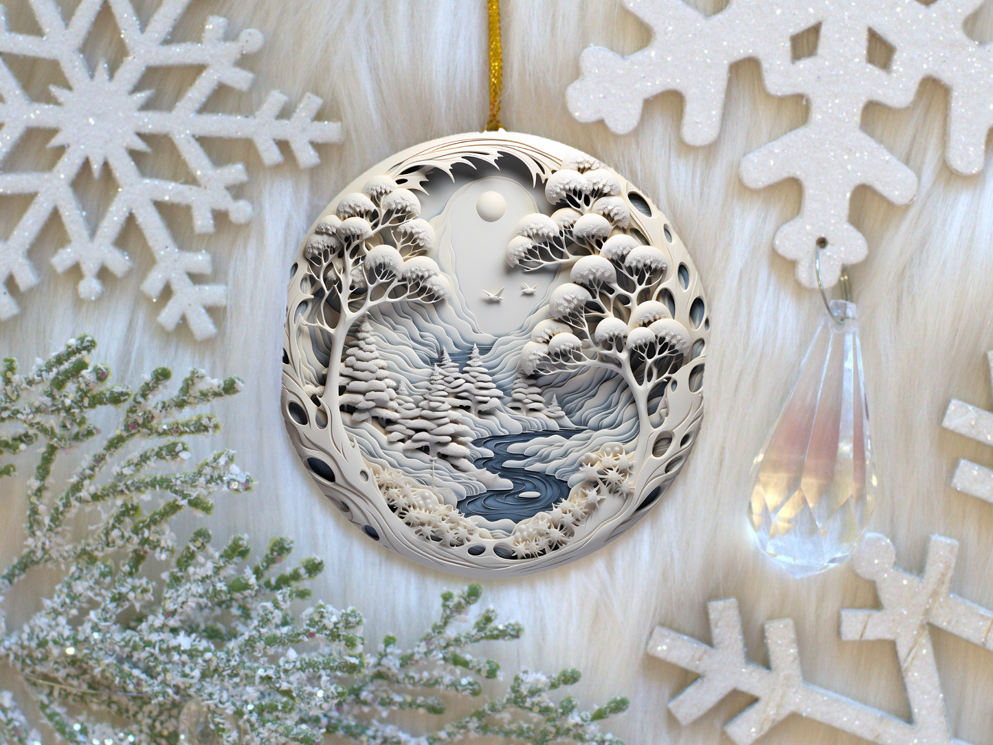 Radiant 3D Porcelain Christmas Ornament:  Elegance in Every Detail for Your Holiday Joy!