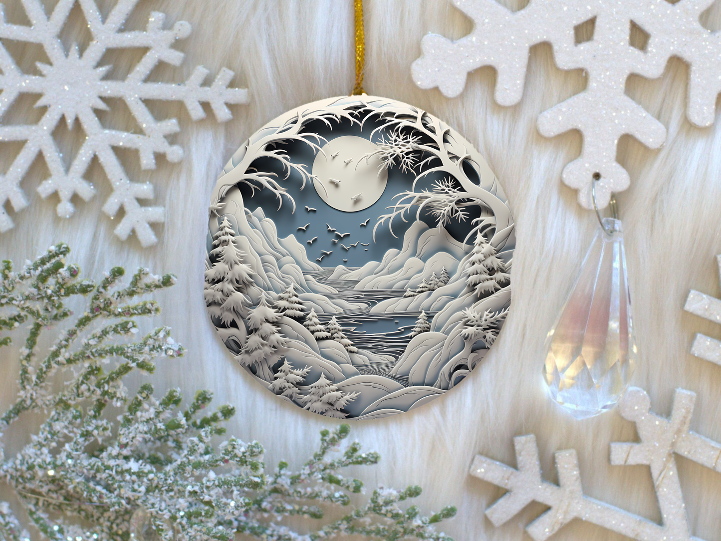 Radiant 3D Porcelain Christmas Ornament:  Elegance in Every Detail for Your Holiday Joy!