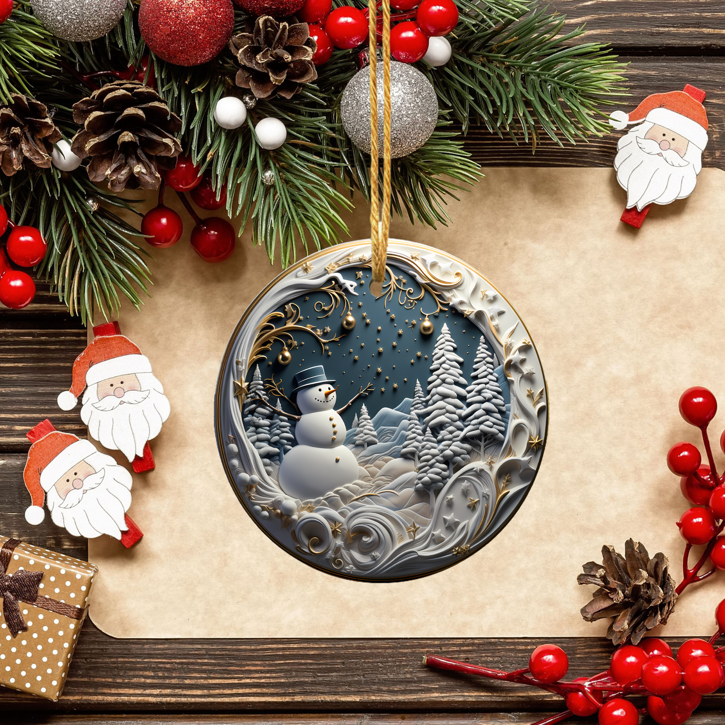 Radiant 3D Porcelain Christmas Ornament:  Elegance in Every Detail for Your Holiday Joy!