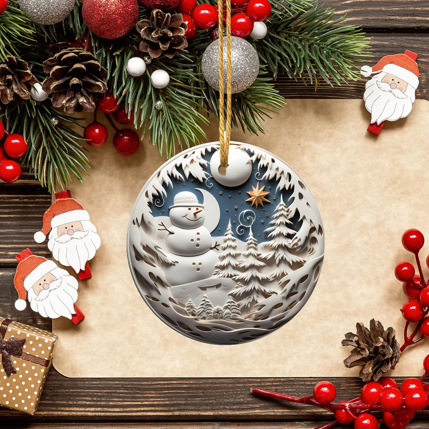 Radiant 3D Porcelain Christmas Ornament:  Elegance in Every Detail for Your Holiday Joy!