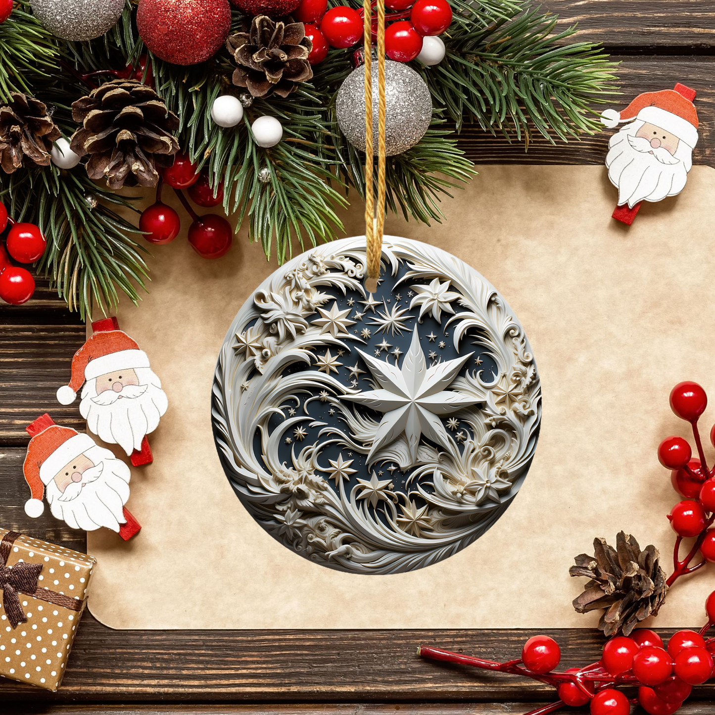 Radiant 3D Porcelain Christmas Ornament:  Elegance in Every Detail for Your Holiday Joy!