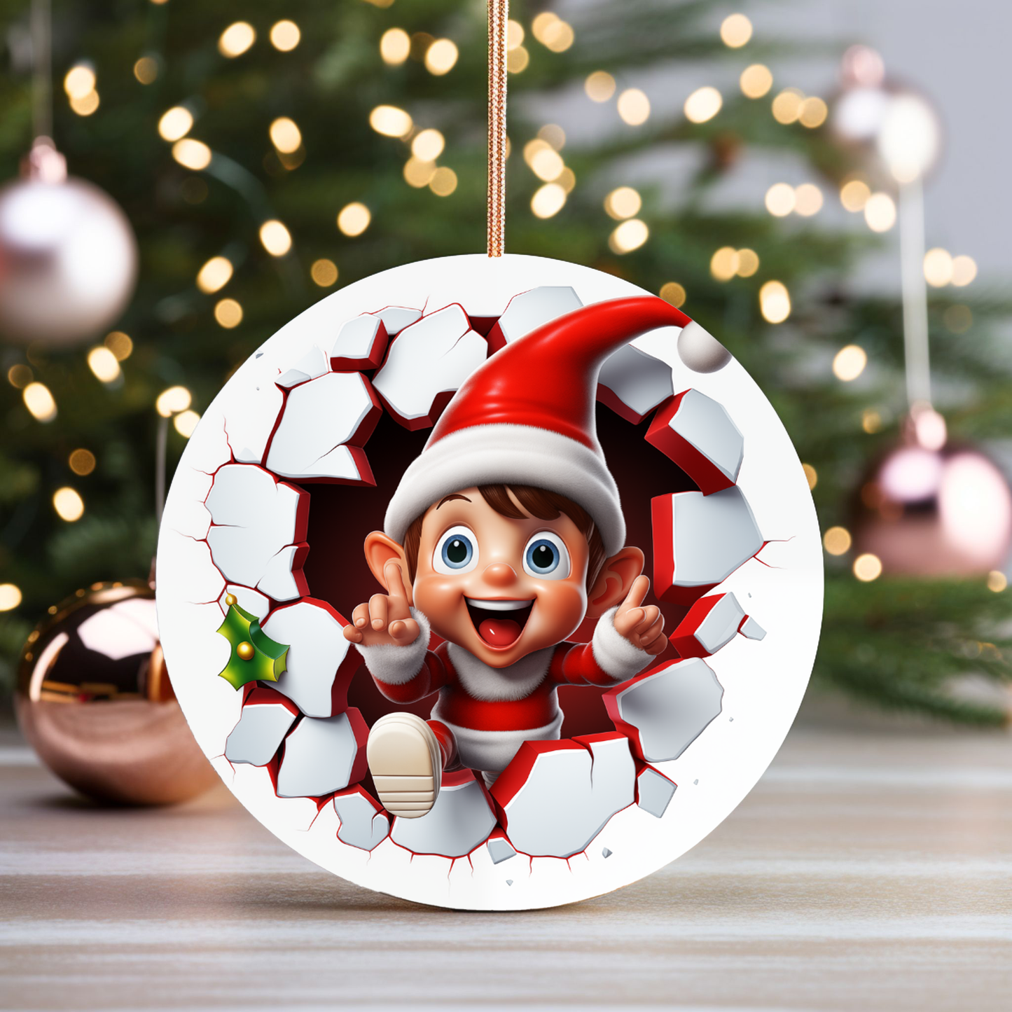 Radiant 3D Animal Breakthrough Porcelain Christmas Elf Ornament:  Elegance in Every Detail for Your Holiday Joy!