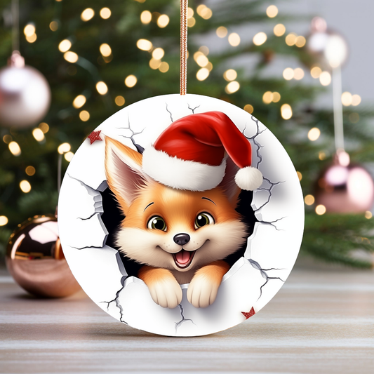 Radiant 3D Animal Breakthrough Porcelain Christmas Fox Ornament:  Elegance in Every Detail for Your Holiday Joy!