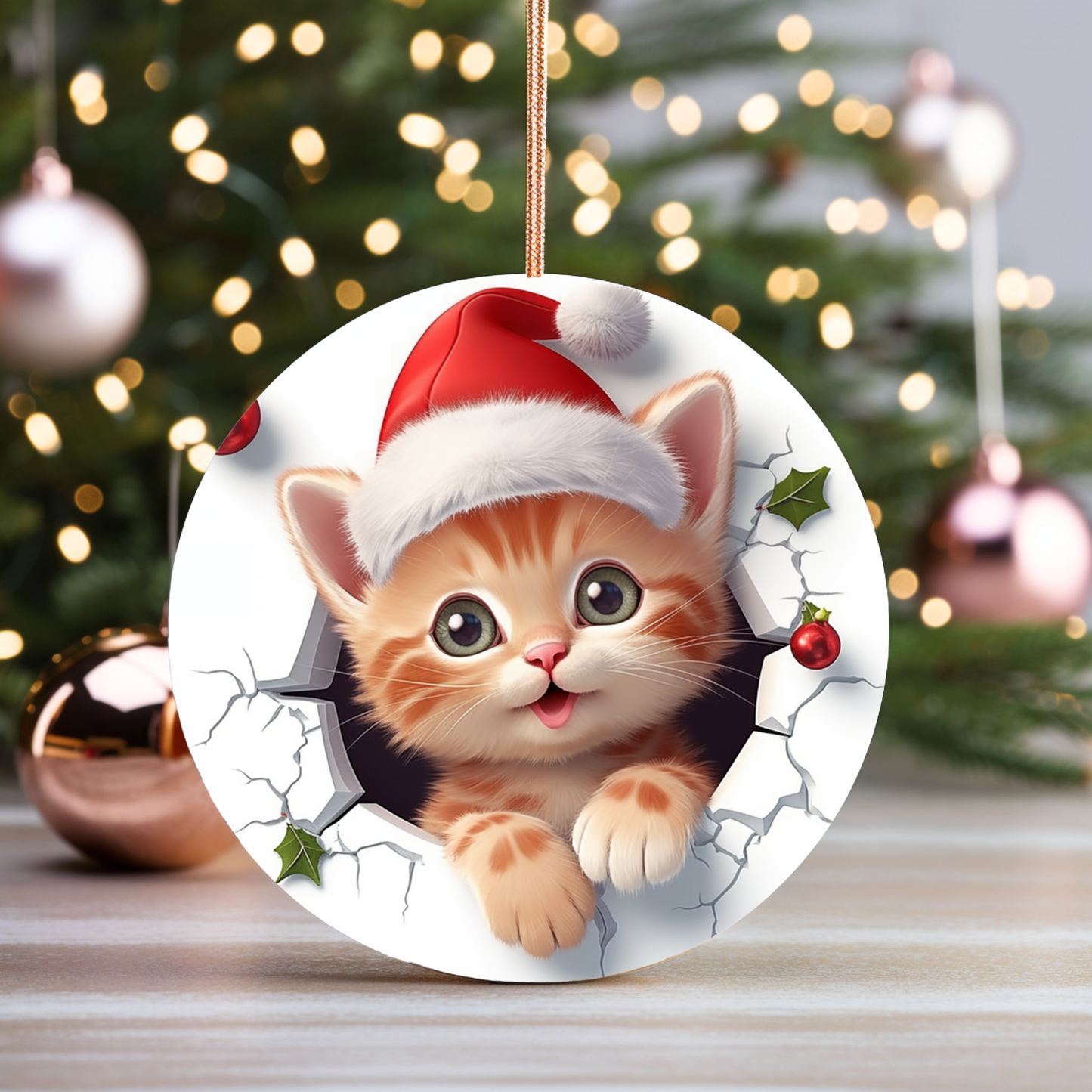 Radiant 3D Animal Breakthrough Porcelain Christmas Kitten Ornament:  Elegance in Every Detail for Your Holiday Joy!