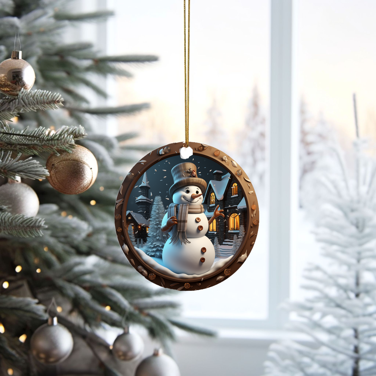 Radiant 3D Image Porcelain Christmas Snowman Ornament:  Elegance in Every Detail for Your Holiday Joy!