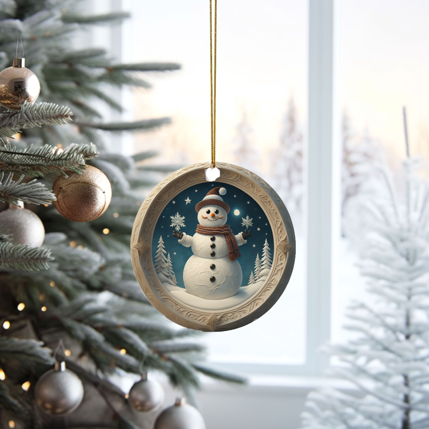 Radiant 3D Image Porcelain Christmas Snowman Ornament:  Elegance in Every Detail for Your Holiday Joy!