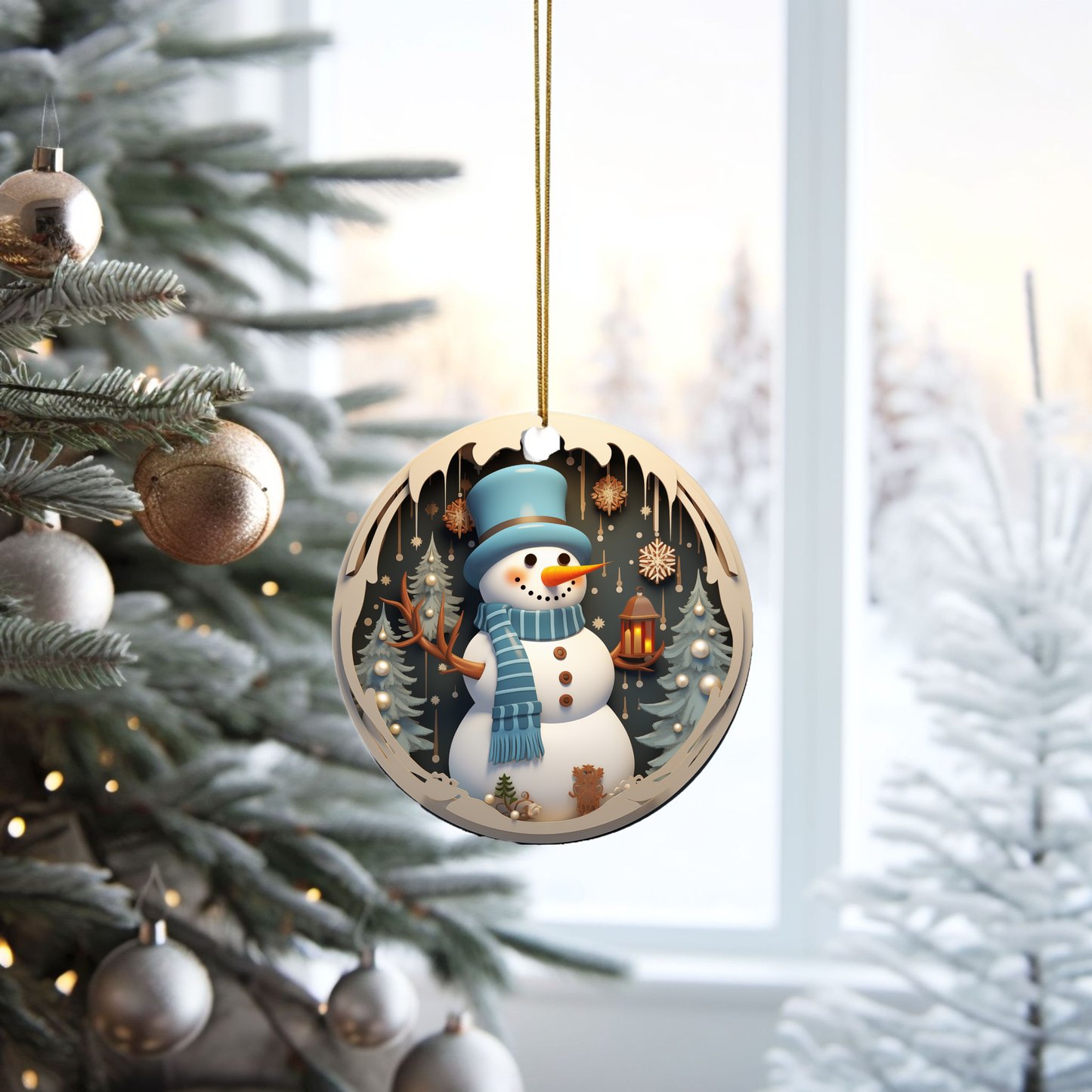 Radiant 3D Image Porcelain Christmas Snowman Ornament:  Elegance in Every Detail for Your Holiday Joy!