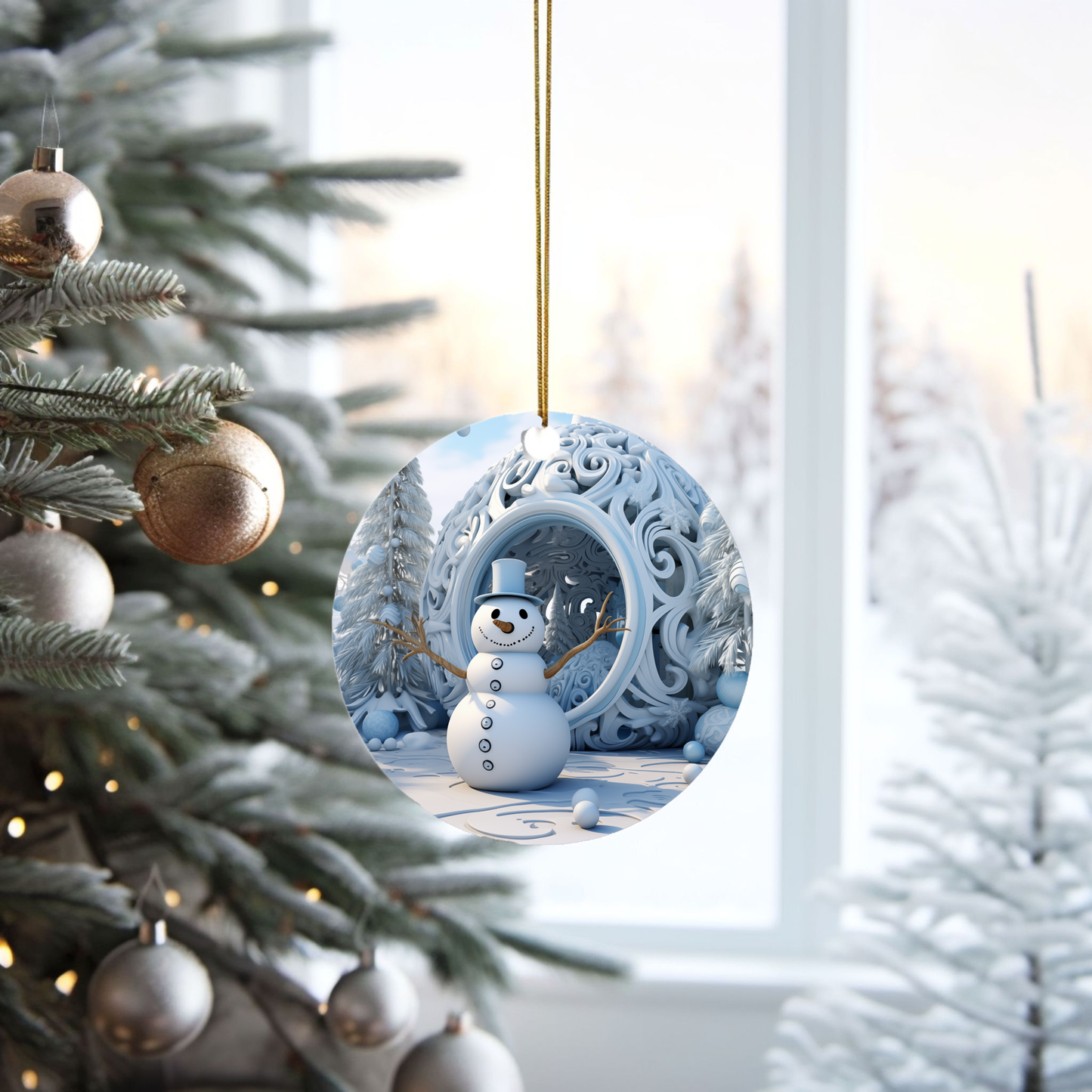 Radiant 3D Image Porcelain Christmas Snowman Ornament:  Elegance in Every Detail for Your Holiday Joy!