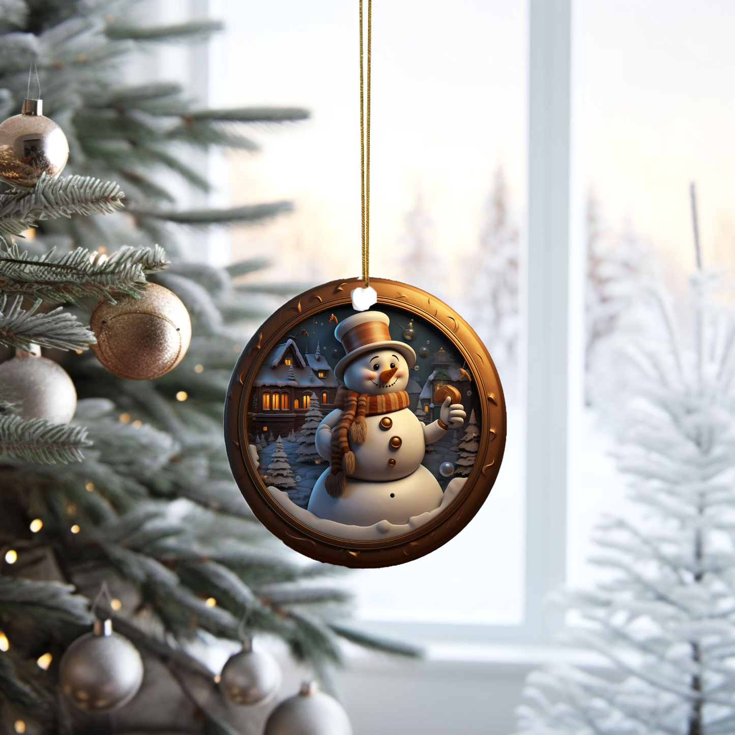 Radiant 3D Image Porcelain Christmas Snowman Ornament:  Elegance in Every Detail for Your Holiday Joy!