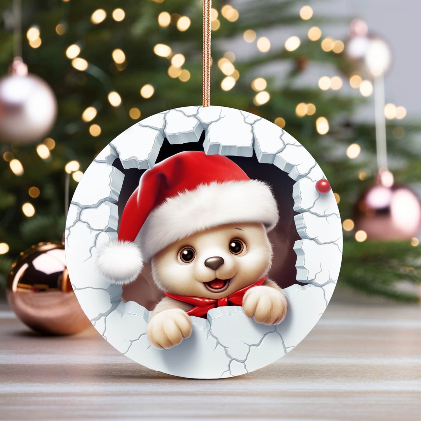 Radiant 3D Animal Breakthrough Porcelain Christmas Teddy Bear Ornament:  Elegance in Every Detail for Your Holiday Joy!