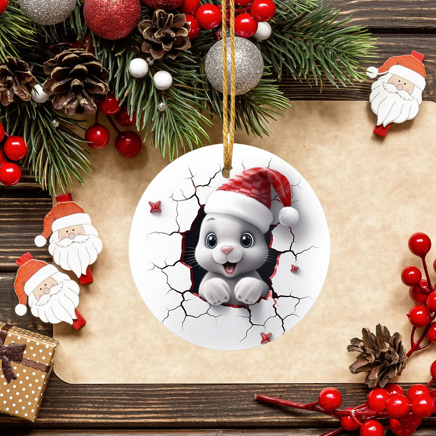Radiant 3D Animal Breakthrough Porcelain Christmas Bunny Ornament:  Elegance in Every Detail for Your Holiday Joy!
