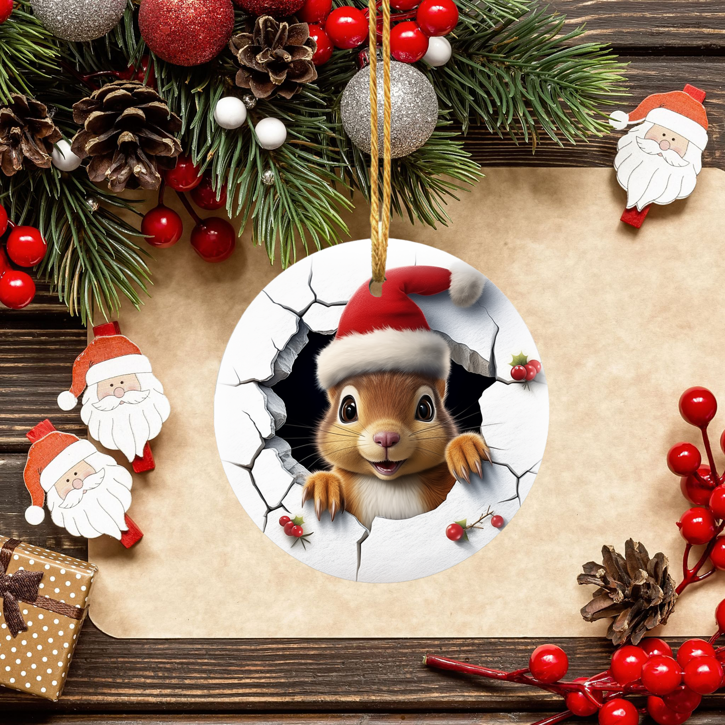 Radiant 3D Animal Breakthrough Porcelain Christmas Squirrel Ornament:  Elegance in Every Detail for Your Holiday Joy!