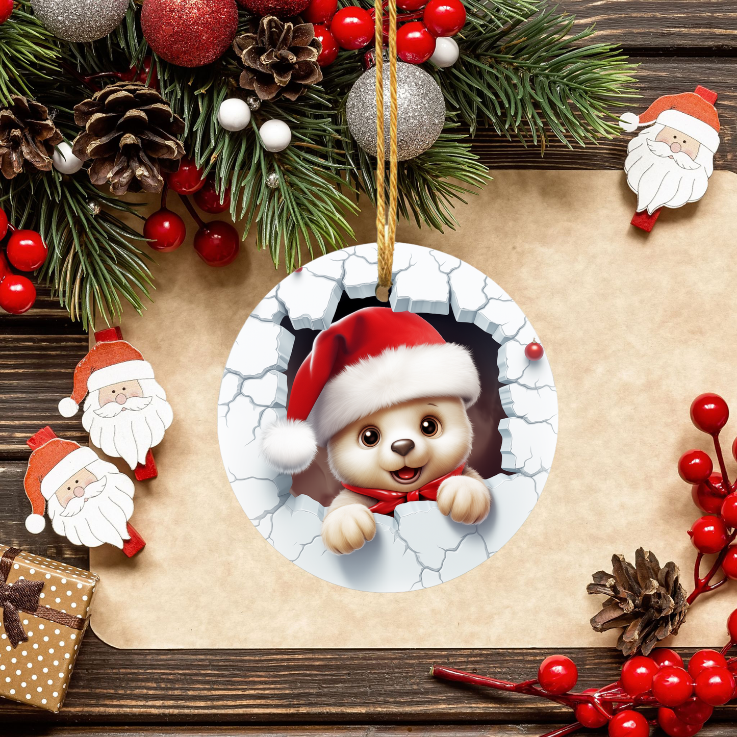 Radiant 3D Animal Breakthrough Porcelain Christmas Teddy Bear Ornament:  Elegance in Every Detail for Your Holiday Joy!