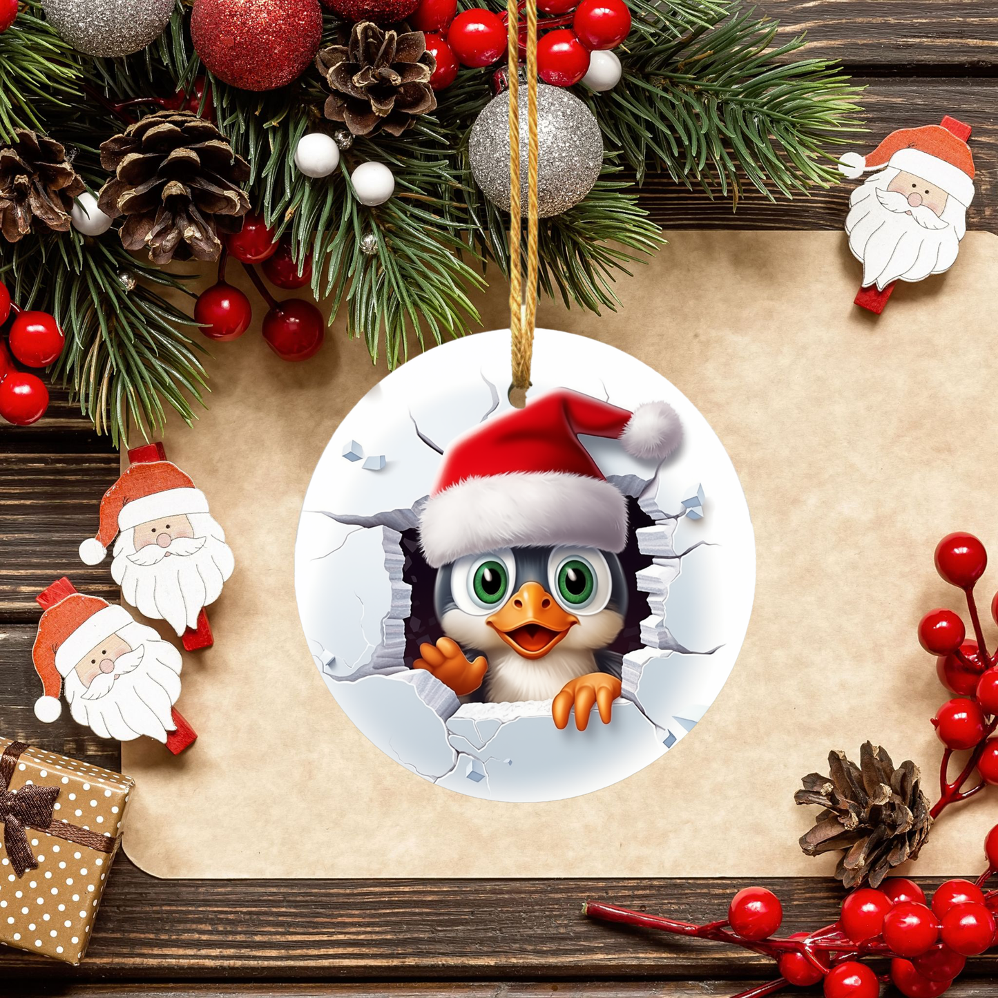 Radiant 3D Animal Breakthrough Porcelain Christmas Penguin Ornament:  Elegance in Every Detail for Your Holiday Joy!