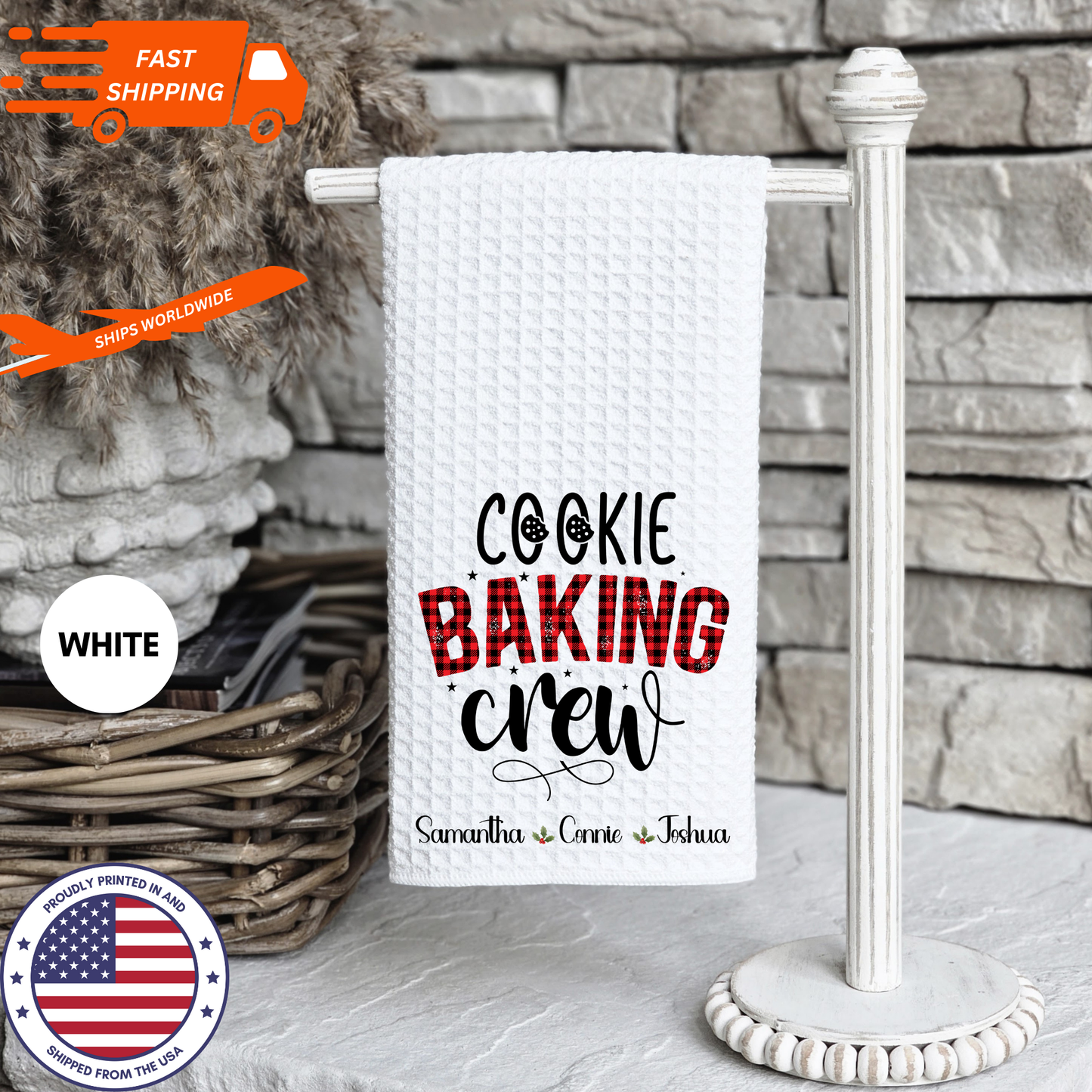 Personalized Beautiful Christmas-Themed "Cookie Baking Crew" Waffle Kitchen Tea Towel, Cute Waffle Dish Towel, Cute Stocking Filler