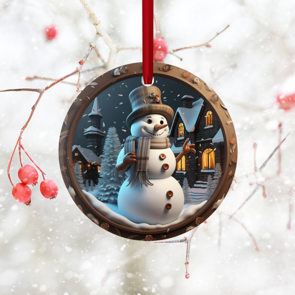 Radiant 3D Image Porcelain Christmas Snowman Ornament:  Elegance in Every Detail for Your Holiday Joy!