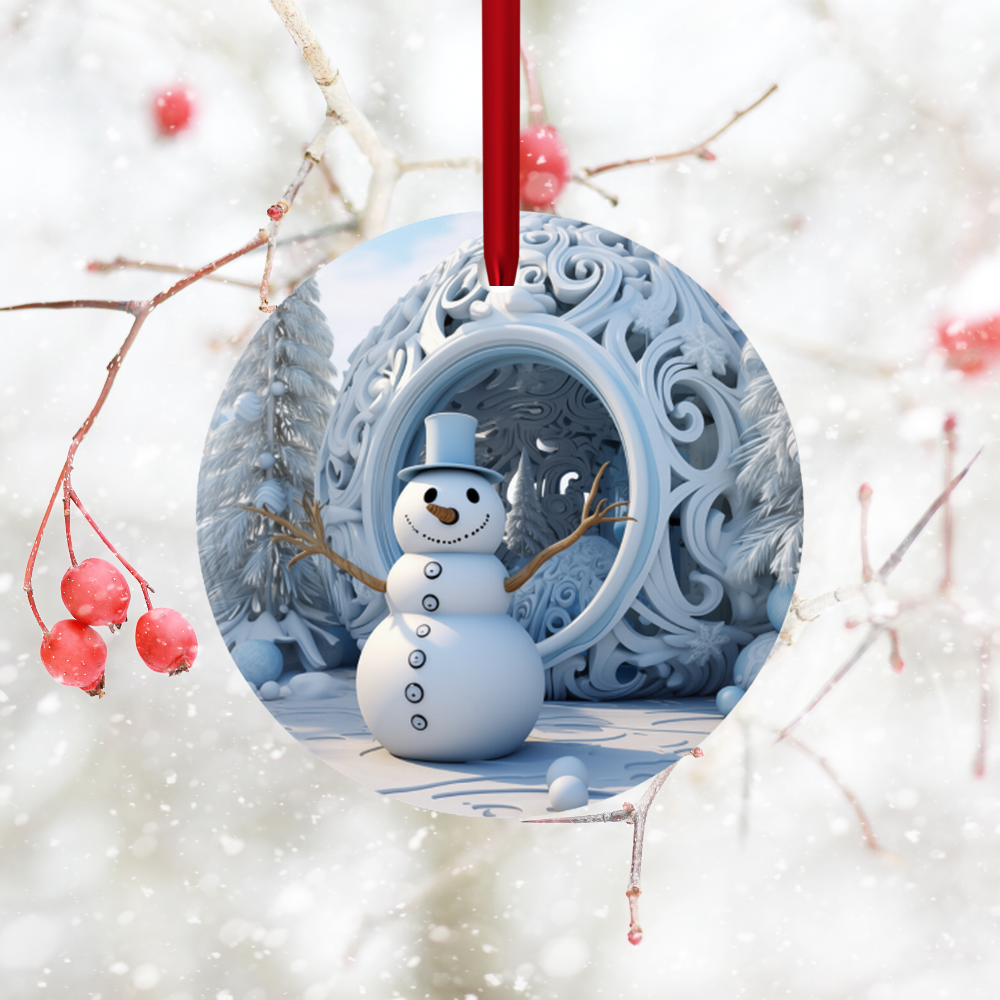 Radiant 3D Image Porcelain Christmas Snowman Ornament:  Elegance in Every Detail for Your Holiday Joy!