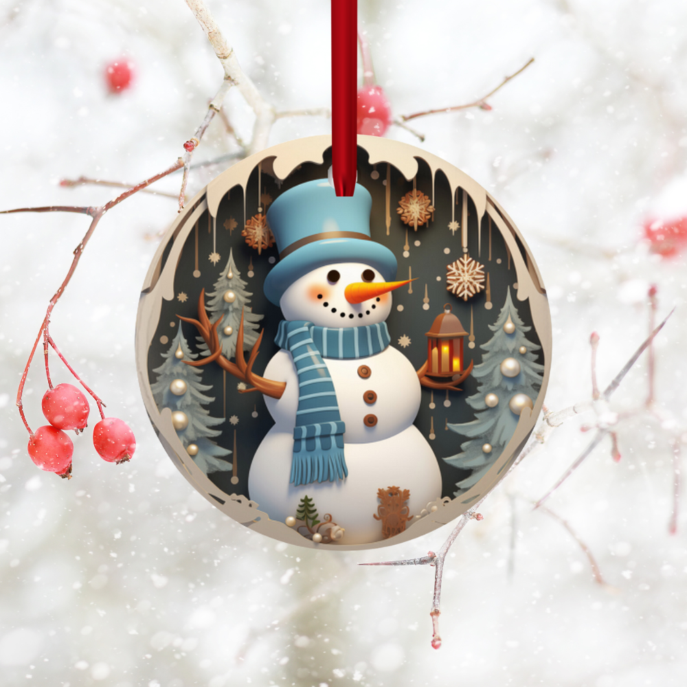 Radiant 3D Image Porcelain Christmas Snowman Ornament:  Elegance in Every Detail for Your Holiday Joy!