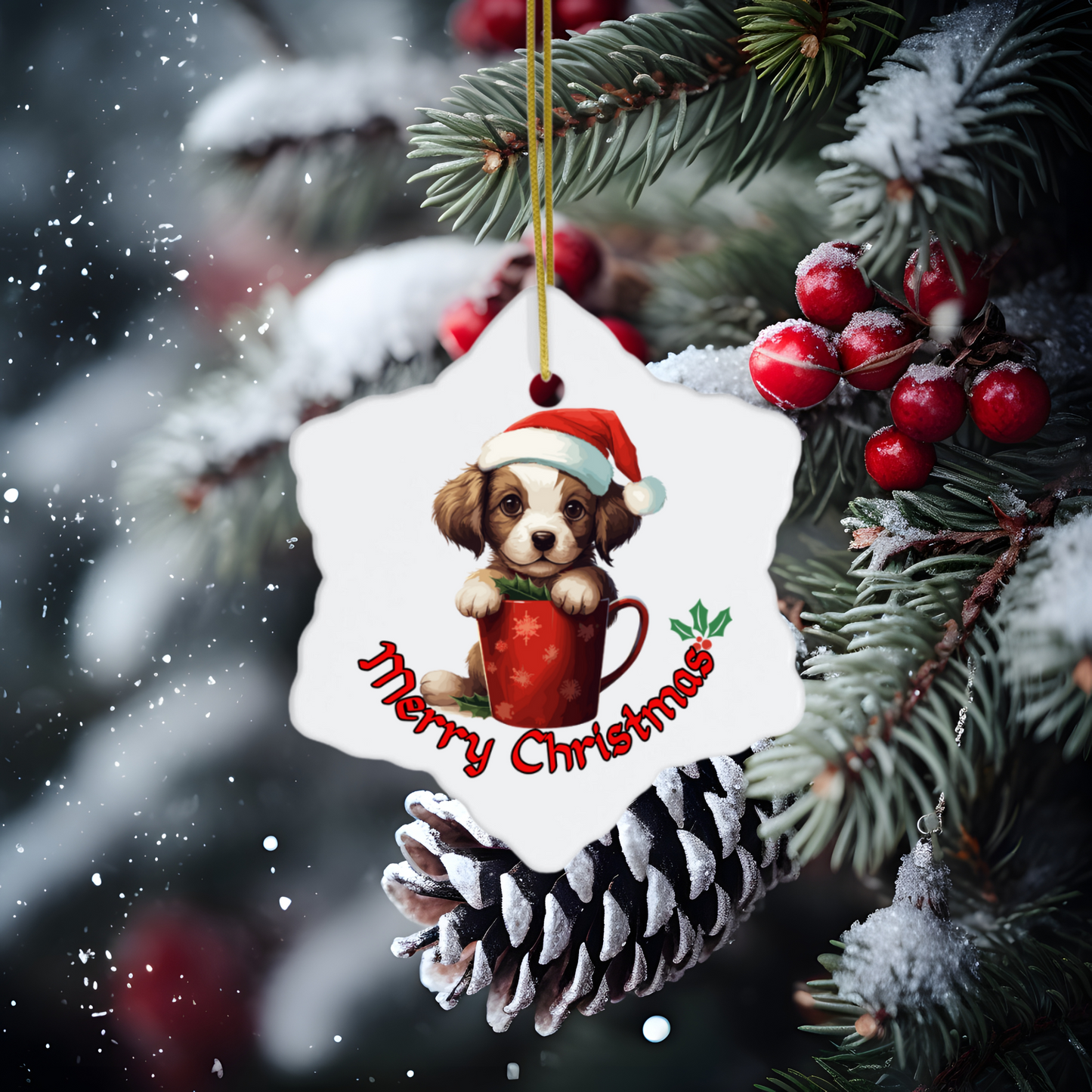 Radiant 3D Porcelain Christmas Puppy Ornament:  Elegance in Every Detail for Your Holiday Joy!