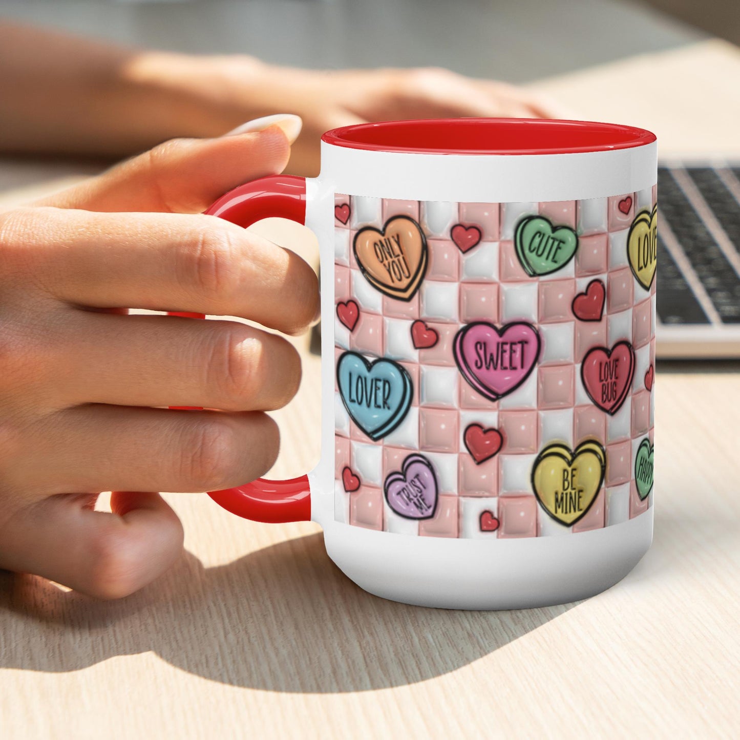 Love Unleashed:  Valentine’s Candy Hearts Two-Tone Mugs - A Symphony of Colors on Glossy White Canvas, Sip Romance Daily!