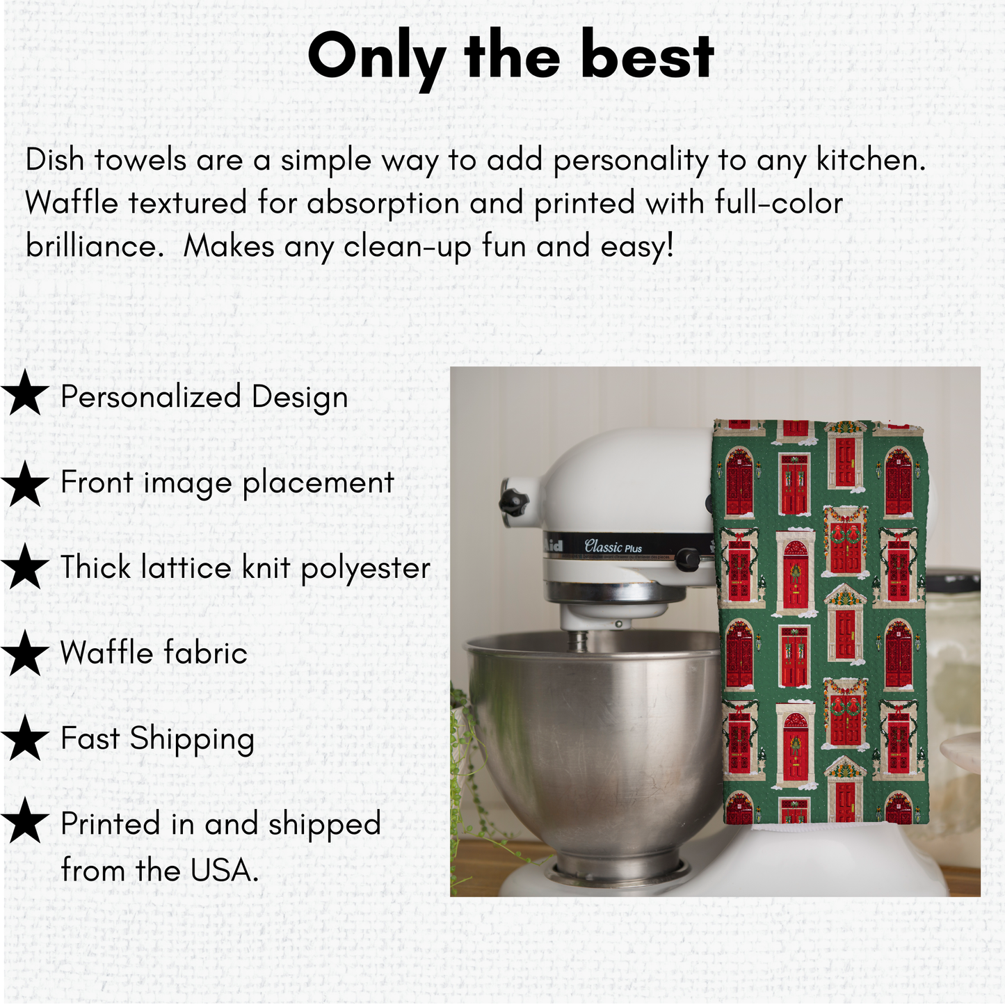 Christmas-Themed Green Festive Doors Waffle Kitchen Tea Towel, Waffle Towel, Cute Stocking Filler