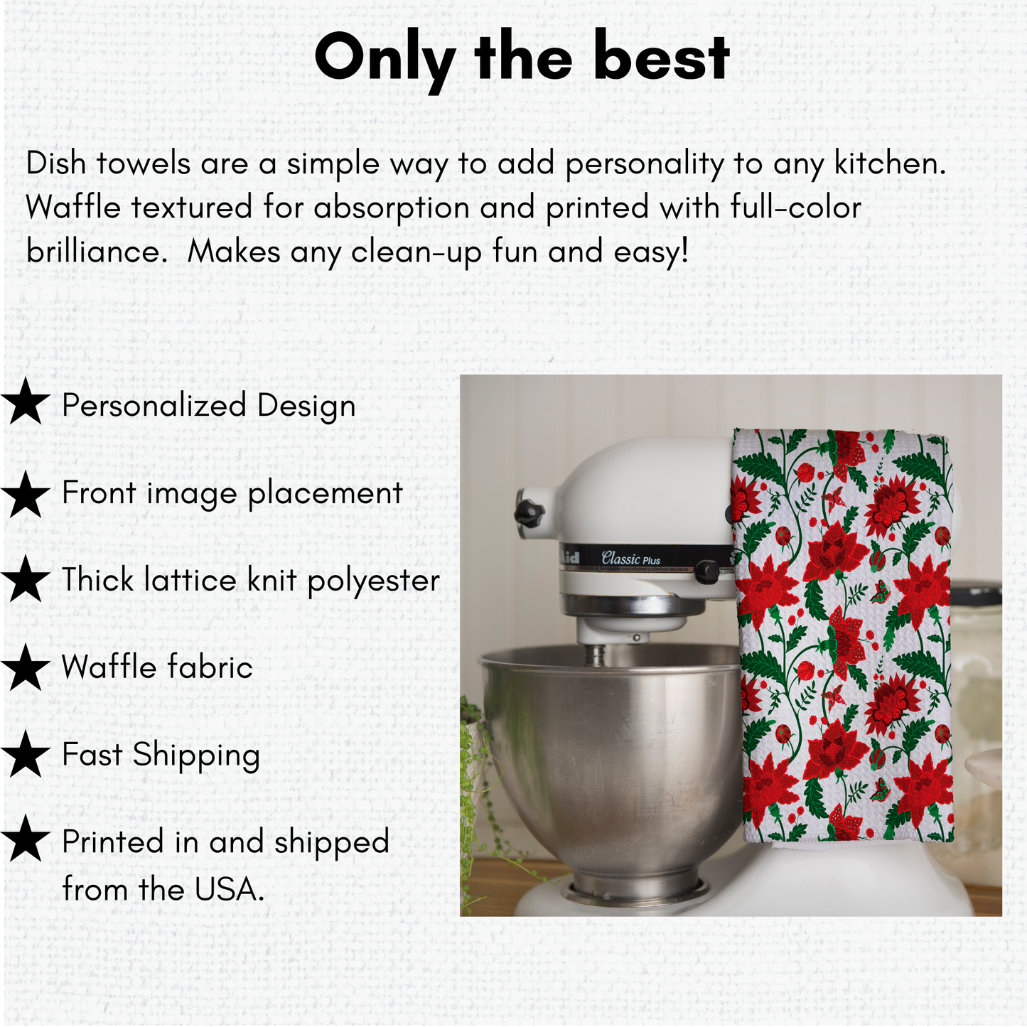 Christmas-Themed Red and Green Floral Waffle Kitchen Tea Towel, Waffle Towel, Cute Stocking Filler