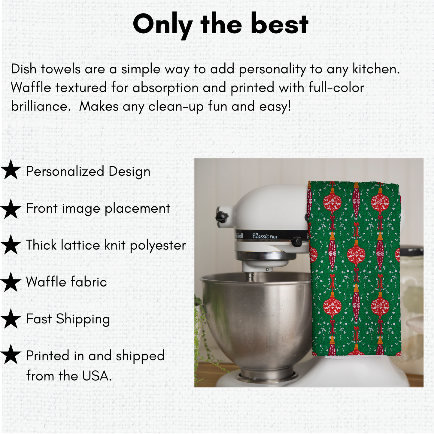 Christmas-Themed Pastel Ornament Waffle Kitchen Tea Towel, Waffle Towel, Cute Stocking Filler