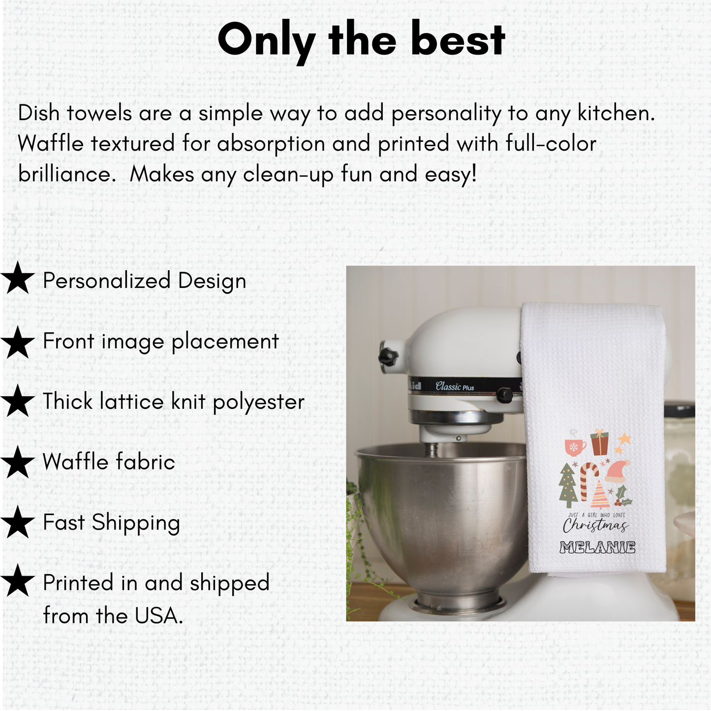 Personalized Beautiful Christmas-Themed "Just A Girl Who Loves Christmas" Waffle Kitchen Tea Towel, Waffle Dish Towel, Cute Stocking Filler