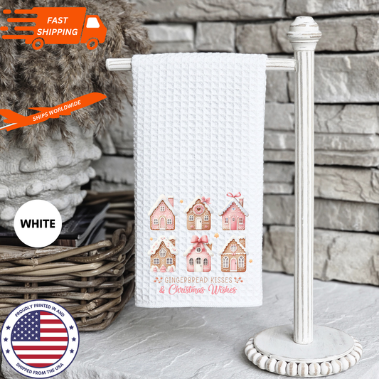 Beautiful Christmas-Themed 'Gingerbread Kisses & Christmas Wishes' Waffle Kitchen Tea Towel, Waffle Towel, Cute Stocking Filler