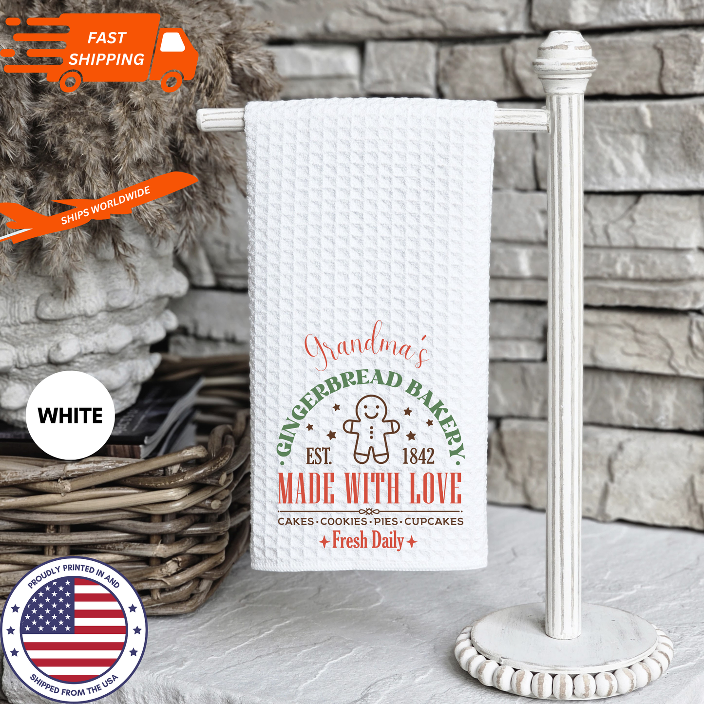 Personalized Beautiful Christmas-Themed "Grandma's Gingerbread Bakery" Waffle Kitchen Tea Towel, Waffle Dish Towel, Cute Stocking Filler