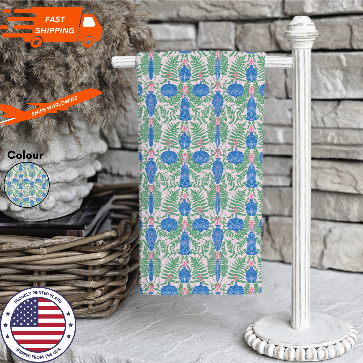 Christmas-Themed Blue and Green Ornament Waffle Kitchen Tea Towel, Waffle Towel, Cute Stocking Filler