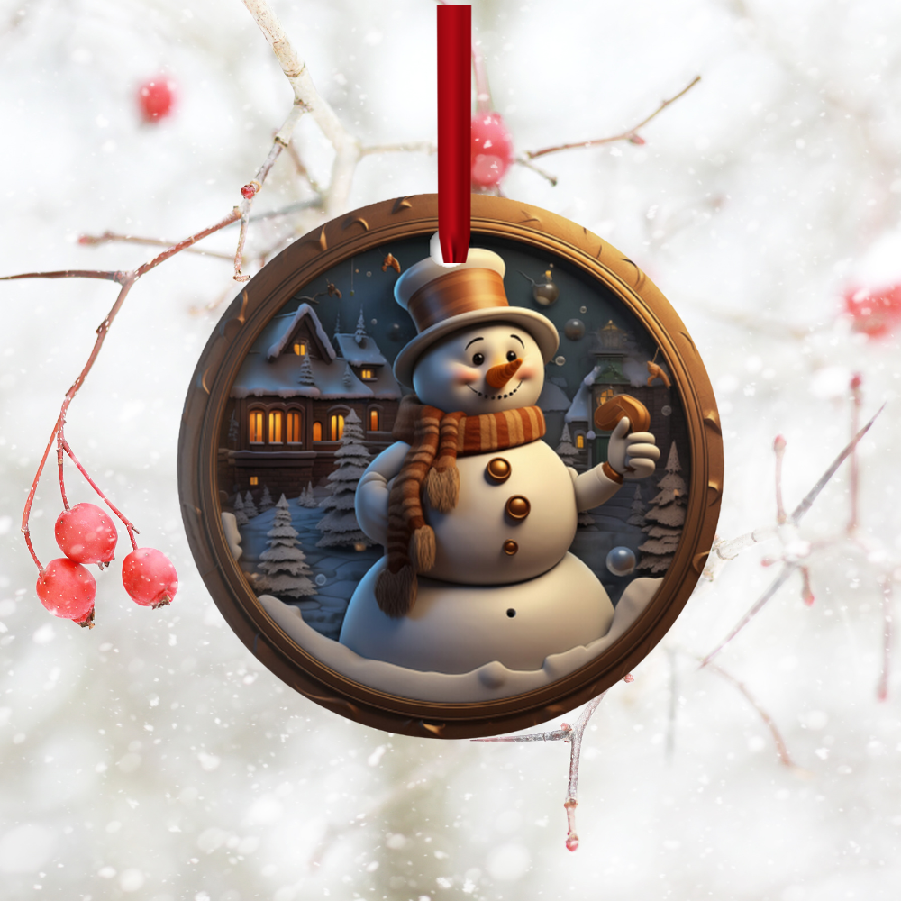 Radiant 3D Image Porcelain Christmas Snowman Ornament:  Elegance in Every Detail for Your Holiday Joy!