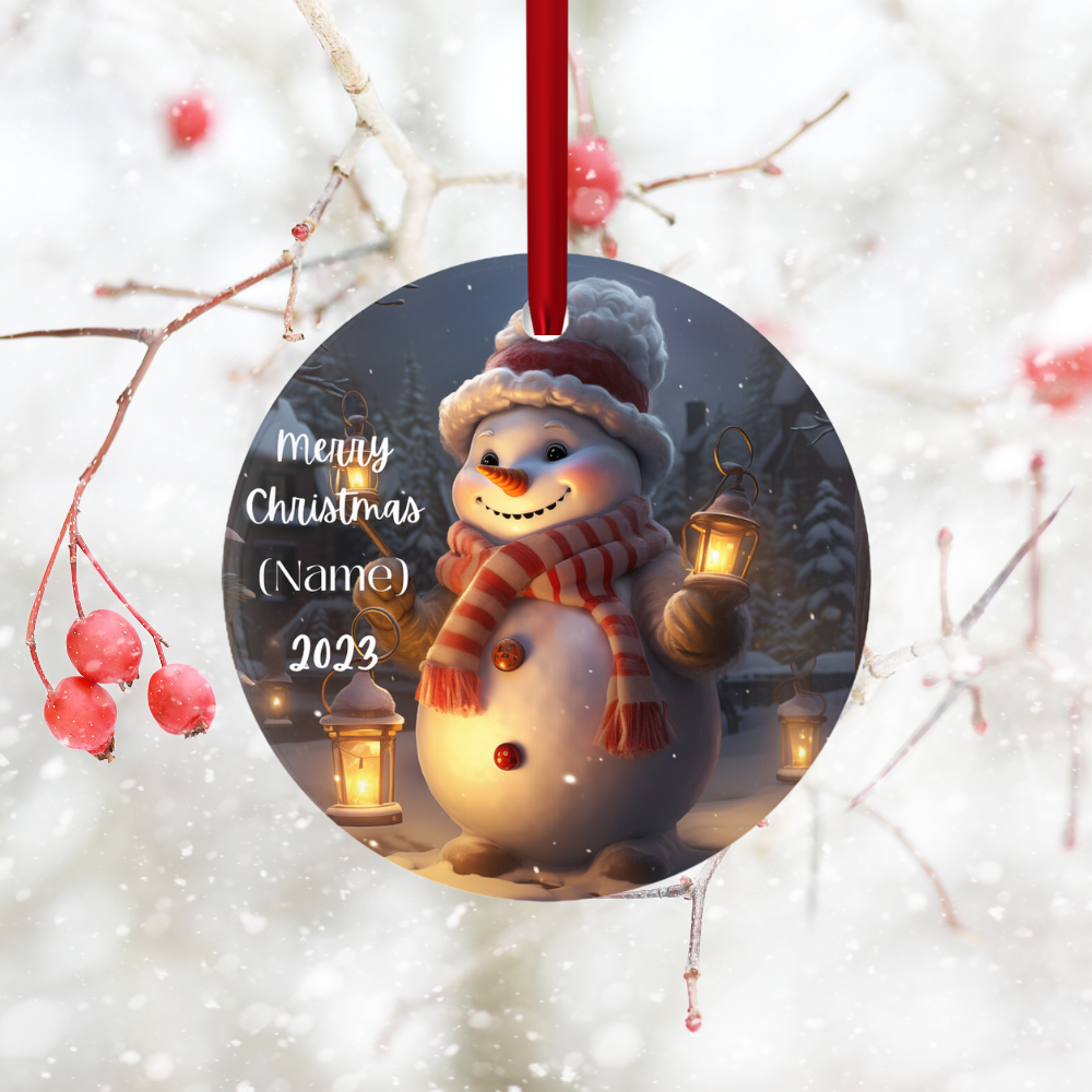 Charming Personalized Children’s Snowman Porcelain Christmas Ornament:  Elegance in Every Detail for Your Holiday Joy!