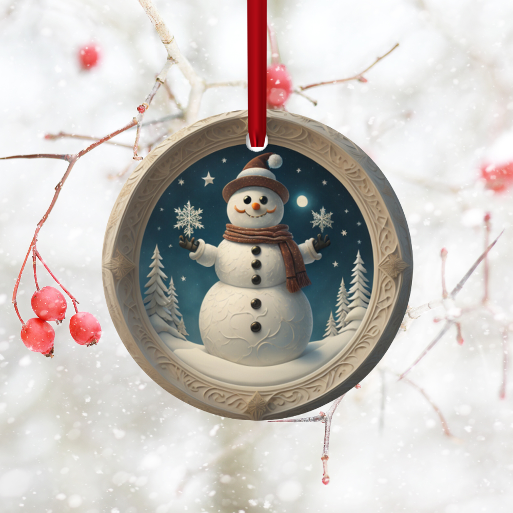 Radiant 3D Image Porcelain Christmas Snowman Ornament:  Elegance in Every Detail for Your Holiday Joy!