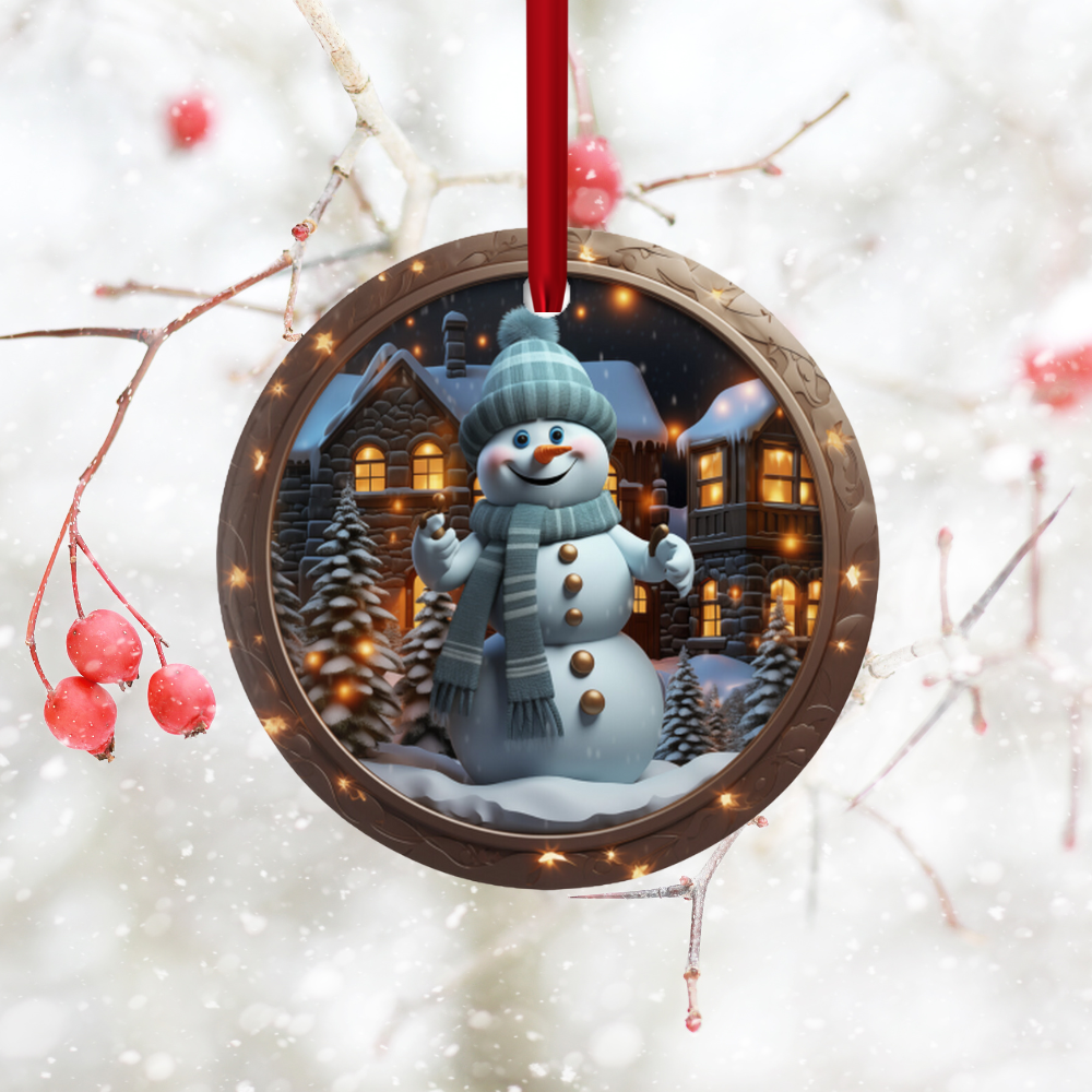 Radiant 3D Image Porcelain Christmas Snowman Ornament:  Elegance in Every Detail for Your Holiday Joy!