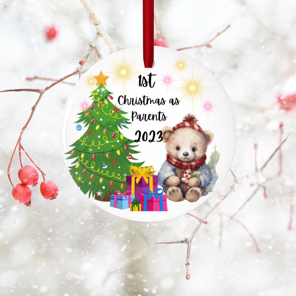 Cherished Beginnings:  Personalized Porcelain Ornament for Parents' First Christmas – Handmade Elegance, Lasting Memories.