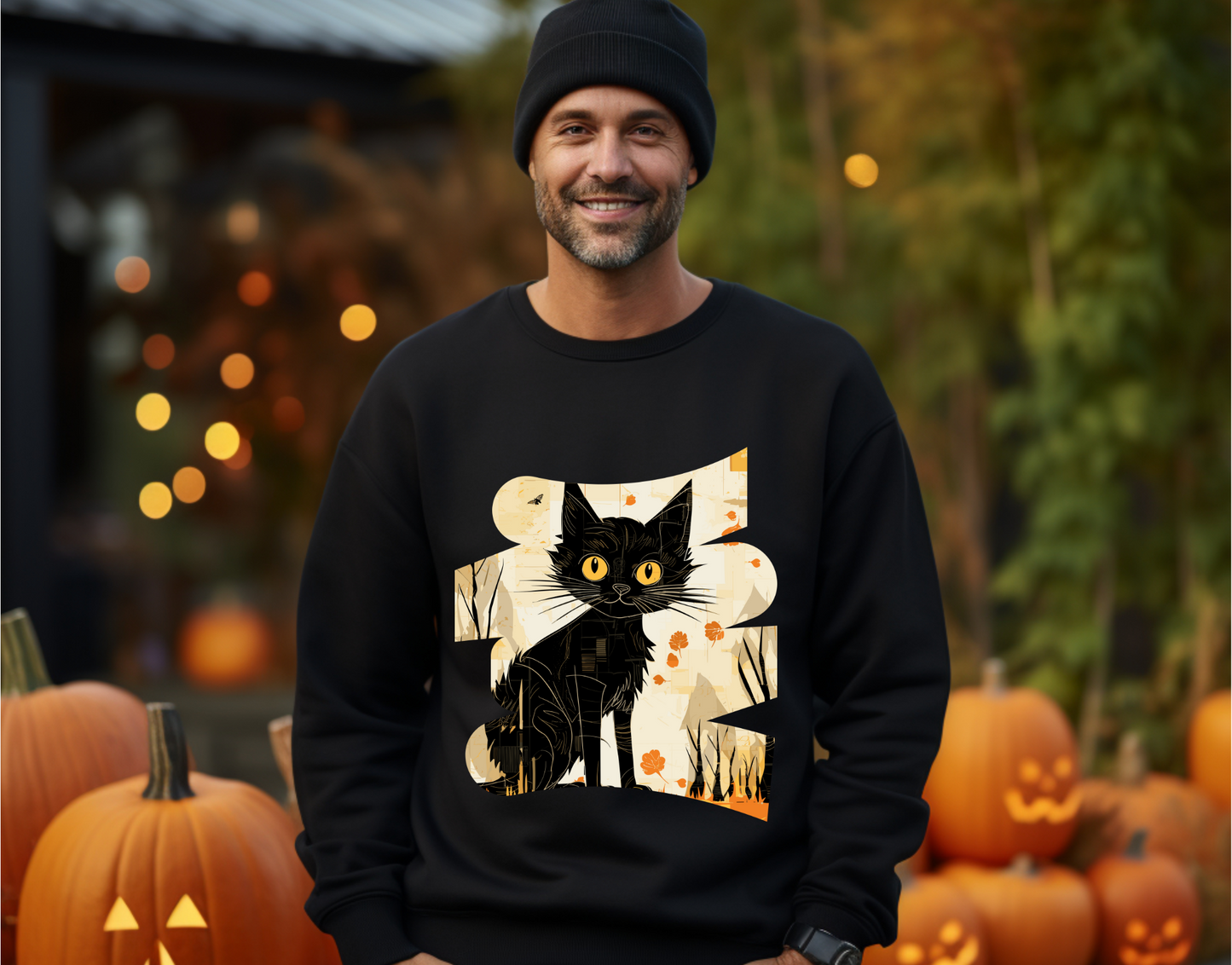 Explore our bewitching collection of Halloween sweatshirts, showcasing the mysterious allure of a black cat on the front.Sh