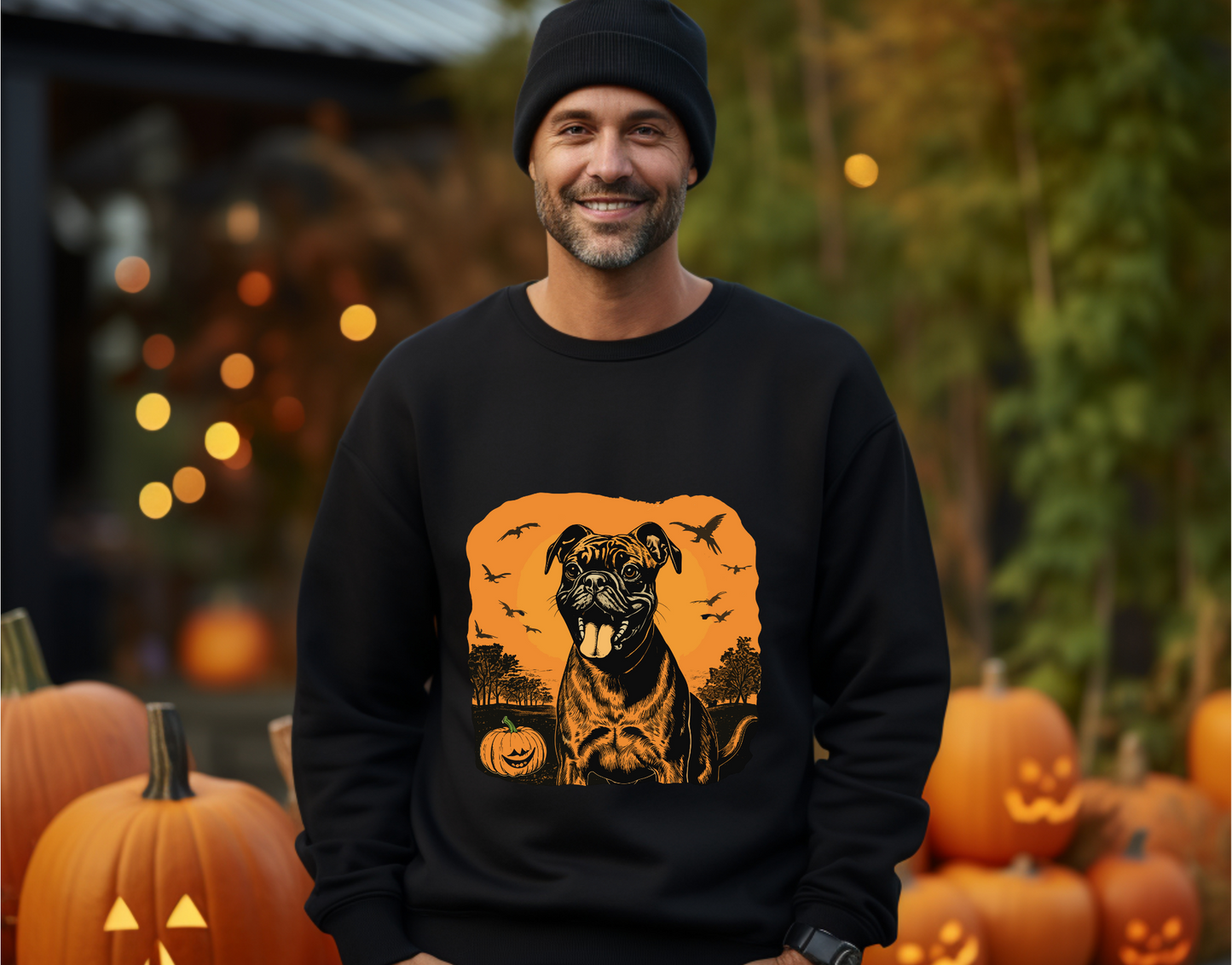 Explore our bewitching collection of Halloween sweatshirts, showcasing the mysterious allure of a boxer dog on the front.